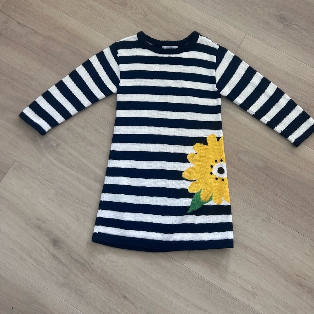 Florence Eiserman Striped Navy and White Kids Dress with Yellow Flower